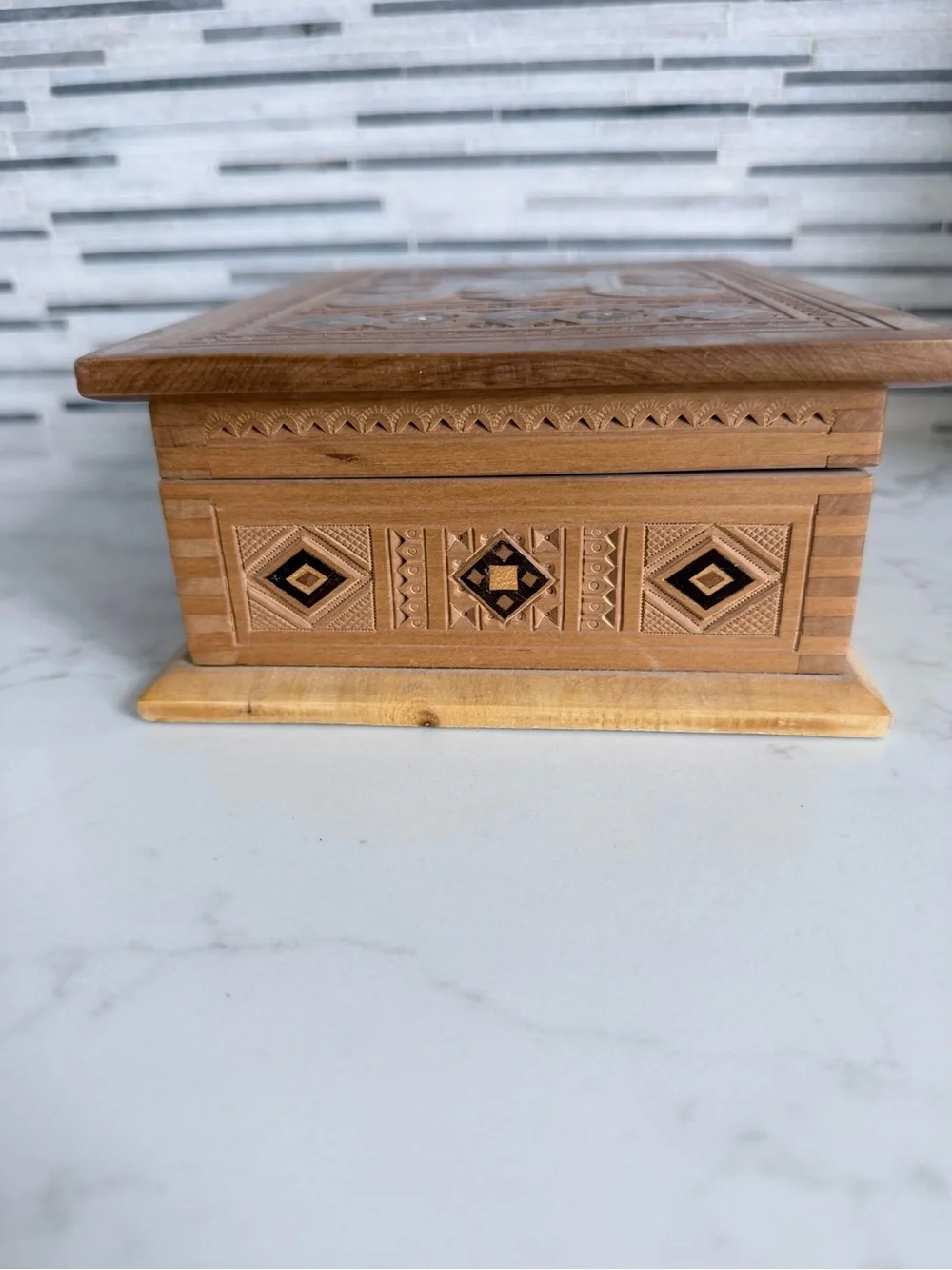 Vintage Hand Made Carved Wood Inlay Decorative Box - Brown & Black Accent